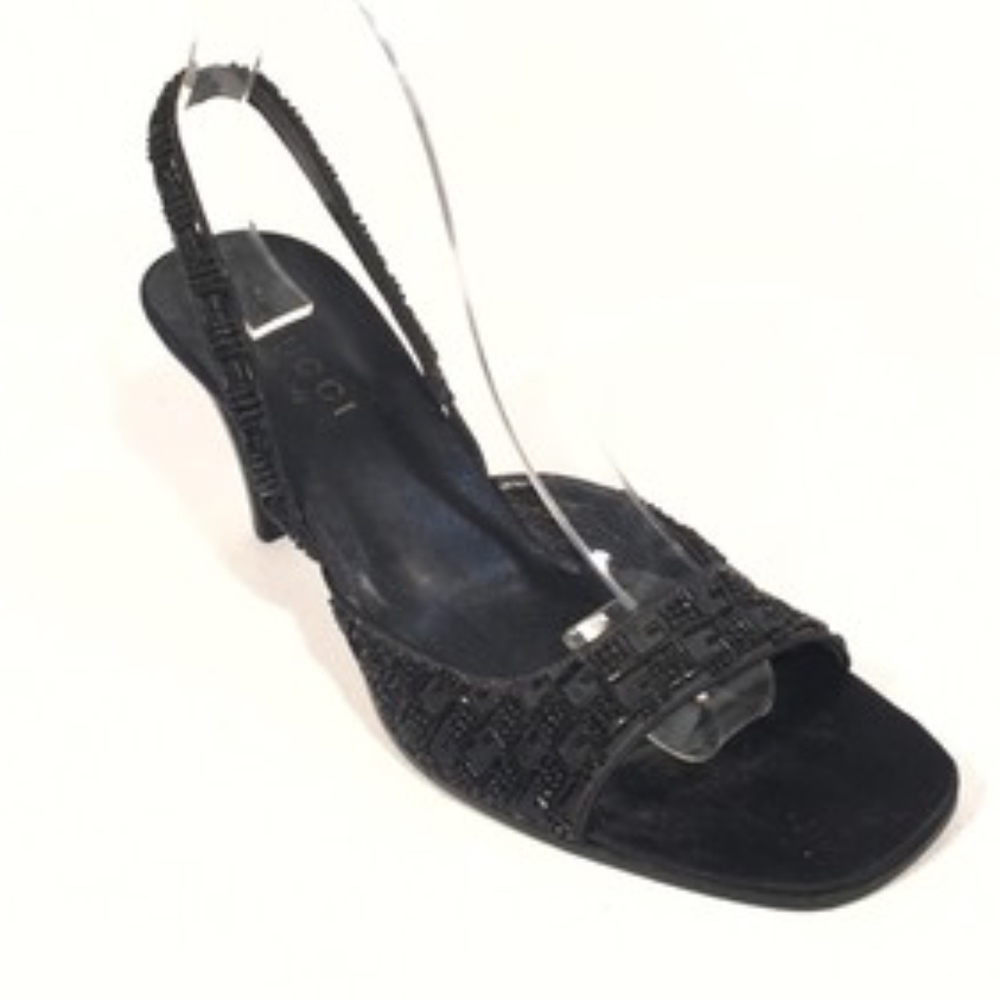 Gucci Black Satin Crystal Beaded Open Toe Heels